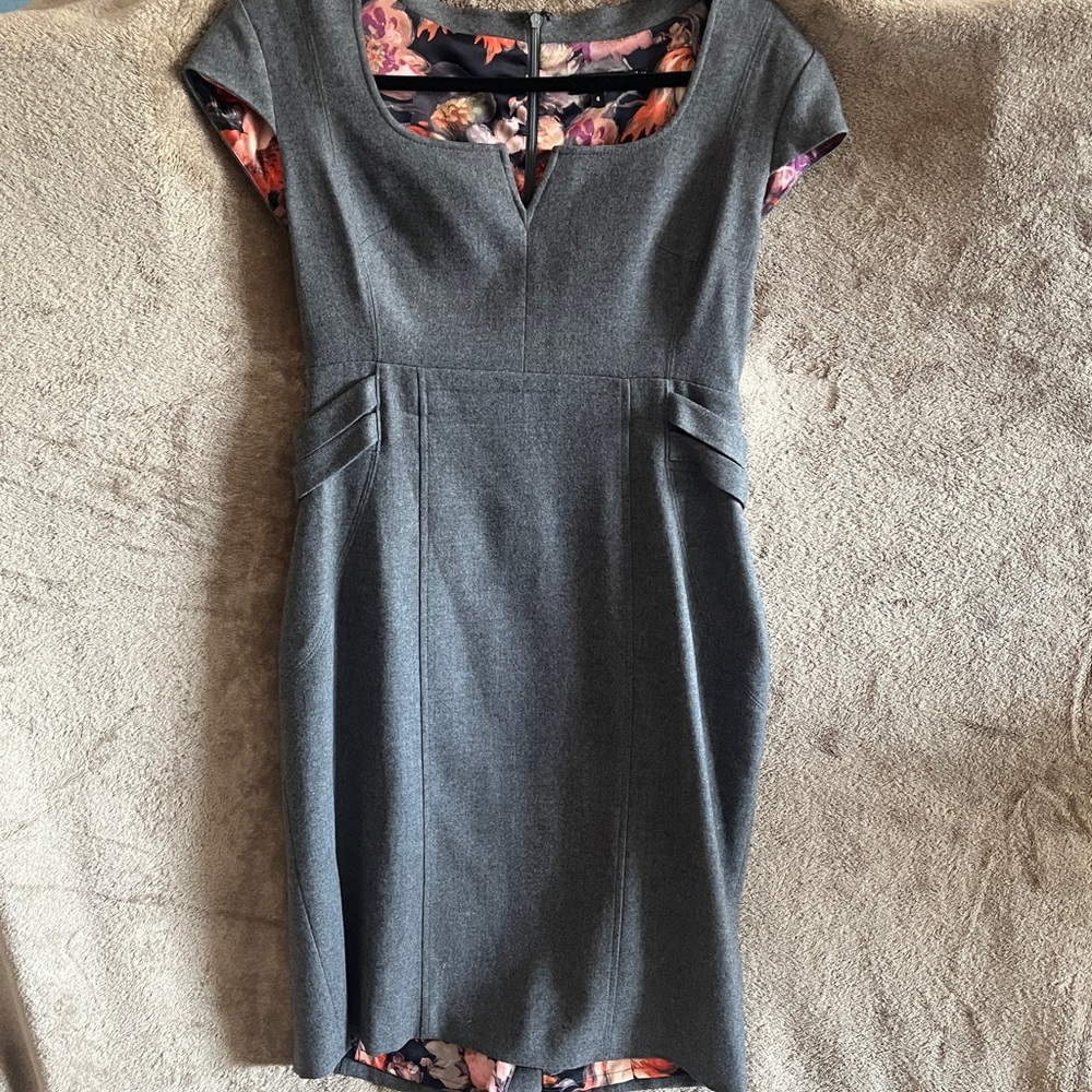 Ted Baker Gray Midi Sheath Dress with Floral Trim